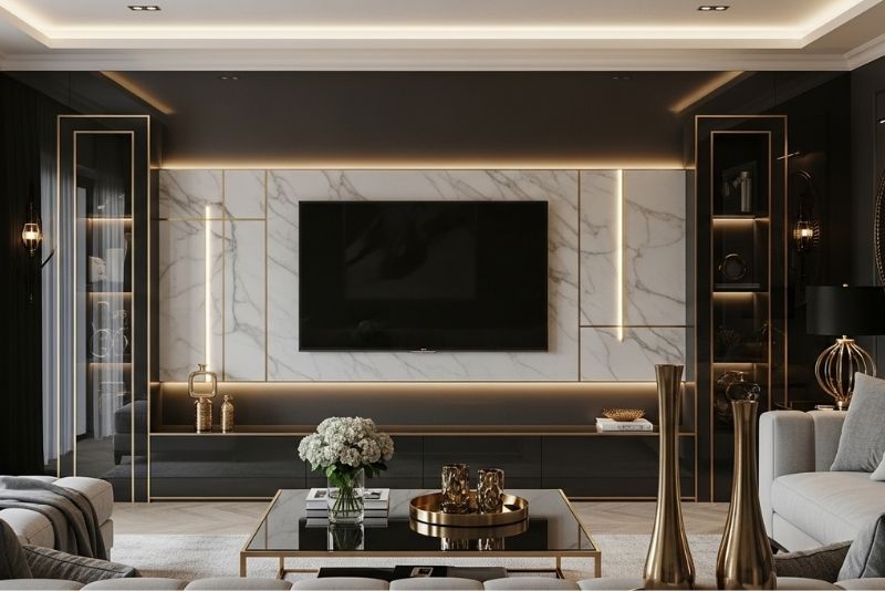 Black and Soft Gold Media Wall Colour Schemes
