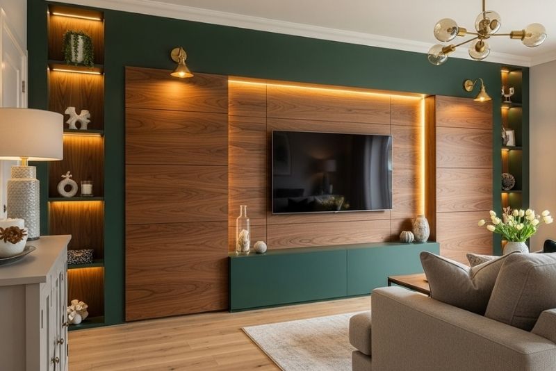 Forest Green and Walnut Brown Media Wall Colour Schemes
