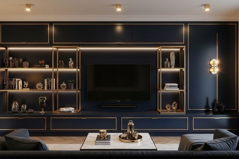 Midnight Blue and Brass Accents Best Media Wall Colour Schemes