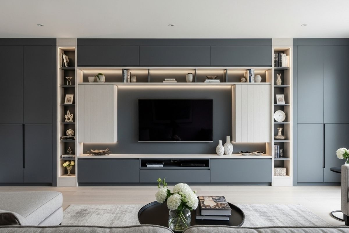 Slate Grey and White Oak Media Wall Colour Schemes