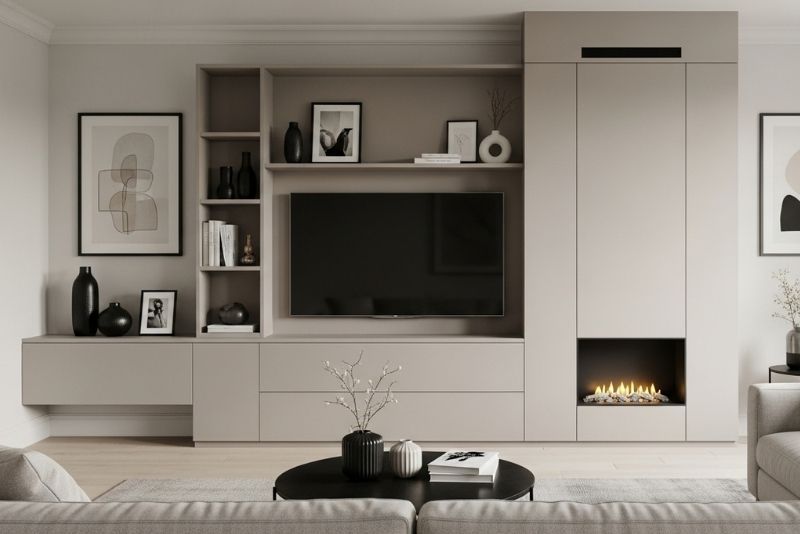 Taupe and Off-White Harmony Media Wall Colour Schemes