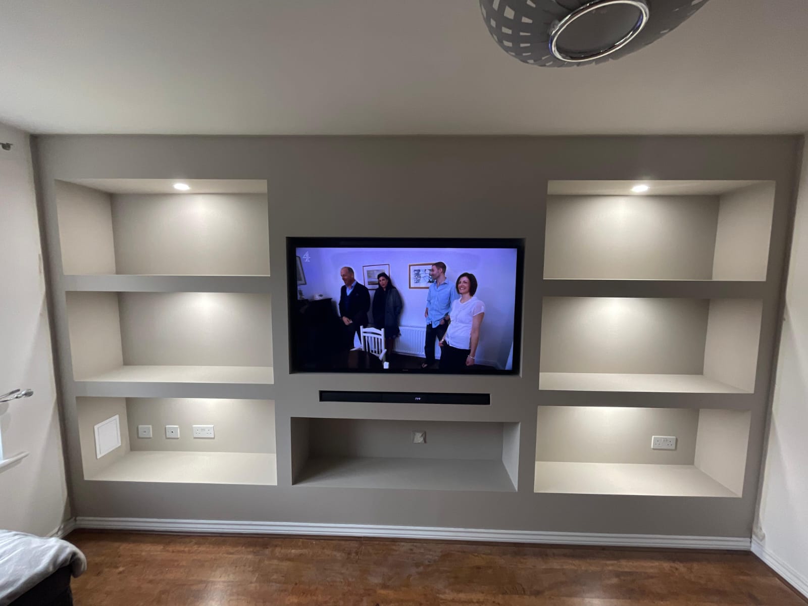 Recessed TV Media Wall With Side Storage