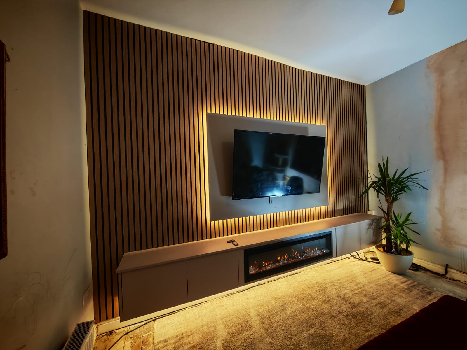 Slatted Wall Media Wall With Floating TV Frame